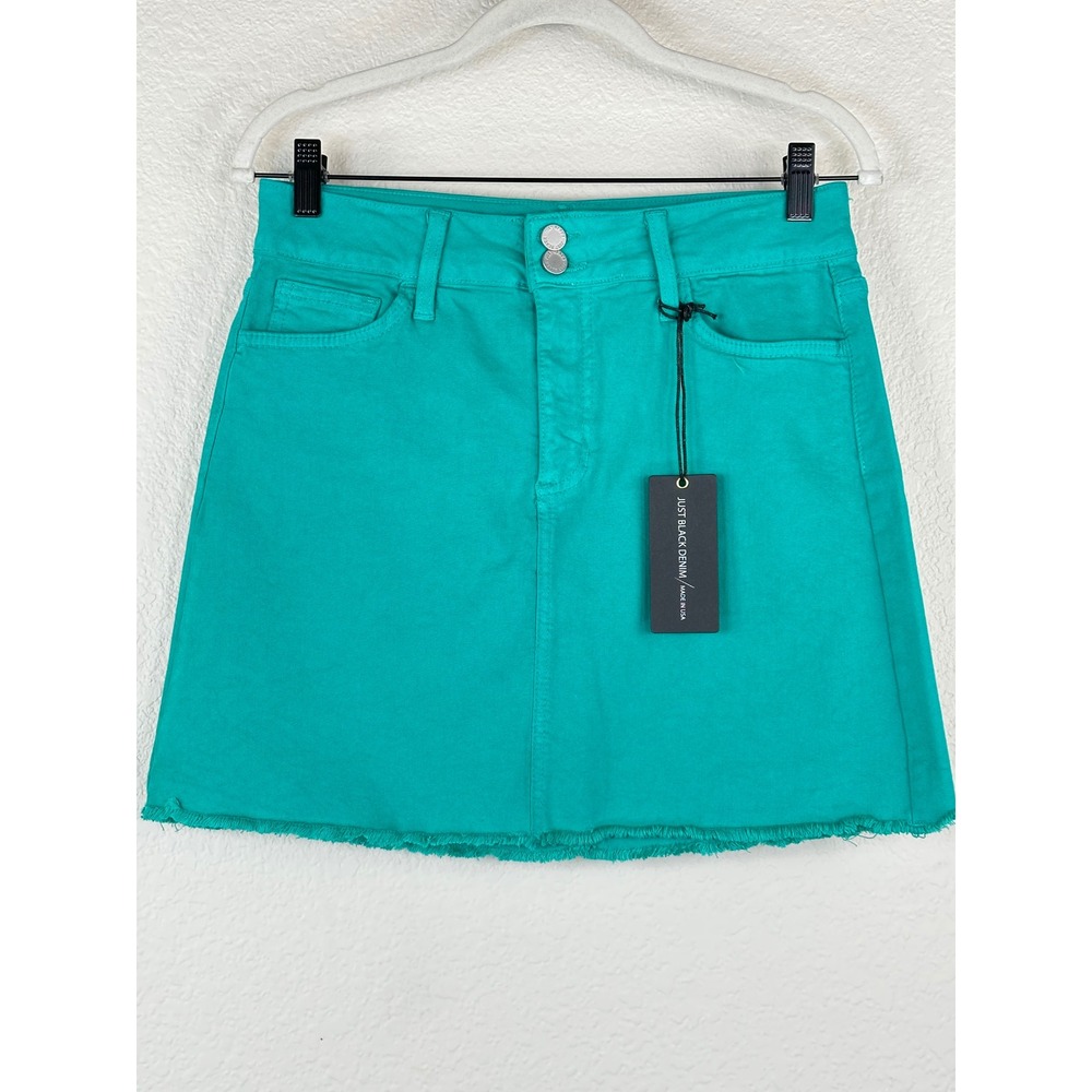 Just Black Denim Jade Green A-Line Mini Skirt M Double Button Raw Hem NWT